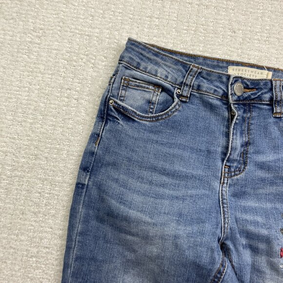Streetwear Society Skinny High Rise Floral Embroidery Jeans Wom Sz 5 Blue Denim - Picture 5 of 12